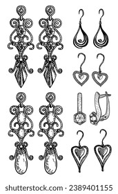 Women's jewelry earrings. Vintage handmade decorations. Antique Vintage gold fancy articles or bijouterie. Long earrings sketch. Engraved monochrome elements. Earrings icons set. Vector illustration.