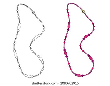 Women's jewelry. Long bright pink beads. Design element