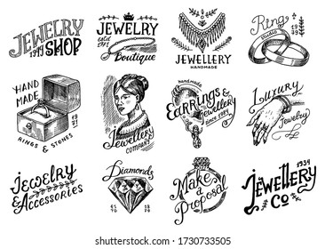 Women's jewelry shop badges and logo set. Luxury accessories, wedding rings, Victorian woman and Earring. Bracelet on hand. Vintage retro Templates for typography or signboards. Drawn engraved sketch.