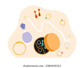 Women's jewelry in special cases, necklaces, rings, bracelets, earrings and perfume, desk top view vector illustration.