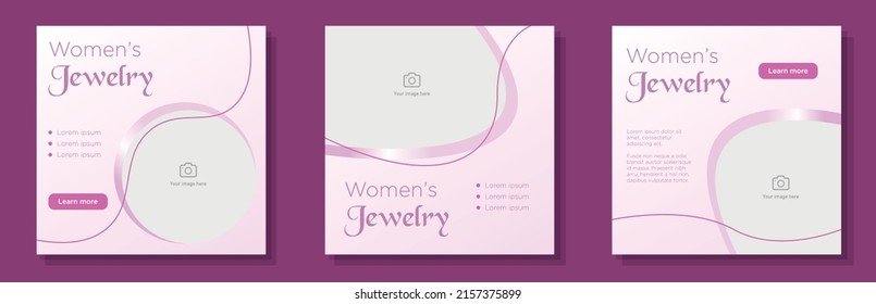 Publicación en redes sociales de joyerías para mujeres, juego de pancartas, collar femenino, concepto de publicidad en anillo, joyería, joyería, joyería, anuncio de marketing de contenidos, impresión abstracta, aislado en segundo plano.