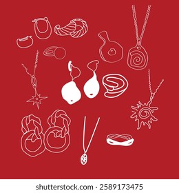 women's jewelry various earrings and jewelry chains refined linear on a red background with a white border