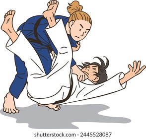 Women's Judo athletes having a match (seoi-nage)