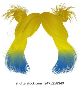 women's kare hairstyle  with two buns  hairs yellow-blue colors . women fashion beauty style .