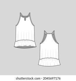 Womens keyhole Cami top ruffels dip hem fashion  tank top  flat sketch cad mockup technical drawing template design vector 