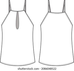 Women's Keyhole Halter Top With Thin Straps- Top technical fashion illustration. Flat apparel top  template front and back, white colour. Women's CAD mock-up.