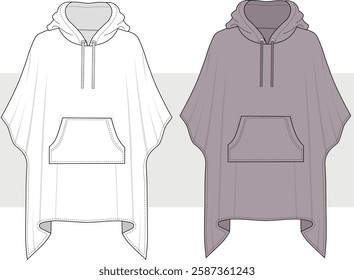 women's and kids hooded poncho top with kangaroo pocket, fashion flat sketch vector illustration, technical drawing template. cad mockup.