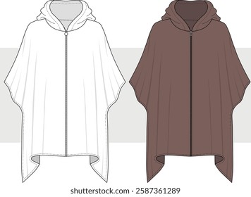 women's and kids hooded poncho with zipper, fashion flat sketch vector illustration, technical drawing template. cad mockup.