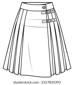 womens kilt skirt flat sketch vector illustration knee length pleated skirt technical cad drawing template