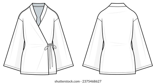 Women's Kimono Cardigan lat technical fashion illustration. Kimono vector template illustration. front and back view. regular fit. drop shoulder. Women's. white color. CAD mockup.