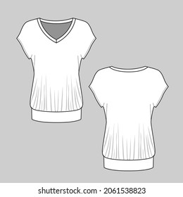Womens Kimono drape Top V Neck Short Sleeve Tee Fashion Flat Sketch Technical Drawing Template Vector Design