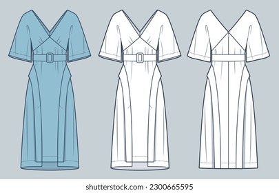 Women's Kimono Sleeve Dress technical fashion illustration. Belted midi Dress fashion flat technical drawing template, v neck, front slits, zip-up, front, back view, white, blue, women CAD mockup.