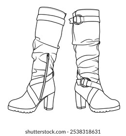 Botas altas de la rodilla de las mujeres Botas calientes del invierno del talón del bloque con los zapatos de las cremalleras laterales Arte de la línea, bosquejo técnico dibujando el contorno de la mano Vector doodle ilustración vista delantera aislada sobre fondo blanco