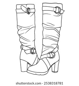 Botas altas de la rodilla de las mujeres Botas calientes del invierno del talón del bloque con los zapatos de las cremalleras laterales Arte de la línea, bosquejo técnico dibujando el contorno de la mano Vector doodle ilustración vista lateral aislada sobre fondo blanco