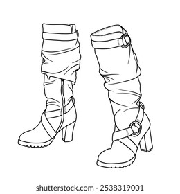 Botas altas de la rodilla de las mujeres Botas calientes del invierno del talón del bloque con los zapatos de las cremalleras laterales Arte de la línea, bosquejo técnico dibujando el contorno de la mano Vector doodle ilustración vista frontal lateral aislada sobre fondo blanco