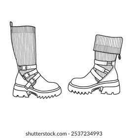 Botas altas de rodilla para mujer con tacón grueso y puntera redonda botas altas con hebillas arte de línea Bosquejo técnico dibujo a mano delineado Vector doodle ilustración vista lateral. Aislado en un fondo blanco