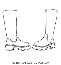 Botas altas de la rodilla de las mujeres, plataforma gruesa cómoda Botas de cremallera lateral de punta redonda Zapatos Arte de línea, bosquejo técnico dibujo a mano delineado Vector doodle ilustración vista lateral aislada sobre fondo blanco