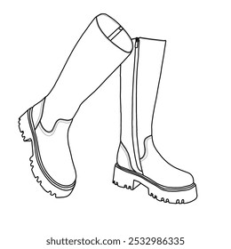 Botas altas de la rodilla de las mujeres, plataforma gruesa cómoda Botas con cremallera lateral de punta redonda Zapatos Arte de línea, bosquejo técnico dibujo a mano contorno Vector doodle ilustración vista isométrica lateral aislada en blanco