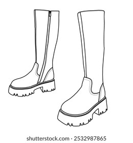 Botas altas de la rodilla de las mujeres, plataforma gruesa cómoda Botas de cremallera lateral de punta redonda Zapatos Arte de línea, bosquejo técnico dibujo a mano delineado Vector doodle ilustración vista lateral aislada sobre fondo blanco