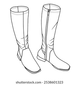 Botas altas de la rodilla de las mujeres Cómodas botas laterales de la cremallera del talón plano Traje de caballero Arte de la línea, bosquejo técnico dibujo a mano esbozo Vector doodle ilustración vista isométrica frontal aislado sobre fondo blanco