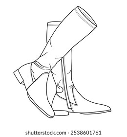 Botas altas de la rodilla de las mujeres Cómodas botas planas del traje de la cremallera lateral del talón Botas de caballero Arte de la línea, bosquejo técnico dibujo a mano esbozo Vector doodle ilustración vista lateral pose de caminar aislado en blanco