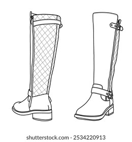 Women's Knee High Boots Fold Over Pointed Toe Stiletto High Heel Boot Shoes Line art, Technical sketch hand drawing outline vector doodle illustration side and rear view isolated on white background