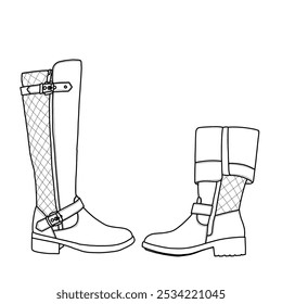 Women's Knee High Boots Fold Over Pointed Toe Stiletto High Heel Boot Shoes Line art, Technical sketch hand drawing outline vector doodle illustration side view isolated on white background