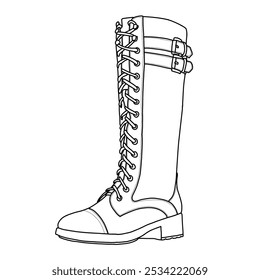 Botas altas de la rodilla de las mujeres Botas bajas del talón del bloque Botas de montar a caballo del dedo del pie redondo Cremallera lateral Biker Arte de línea, bosquejo técnico dibujo a mano esbozo Vector doodle ilustración vista lateral aislado sobre fondo blanco