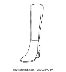 Damen Knie High Boots Seite Reißverschluss Faux Süde Comfort Boot Line art, Technische Skizze Handzeichnung Umriss Vektor Doodle Illustration Seite isometrische 3D-Ansicht einzeln auf weißem Hintergrund