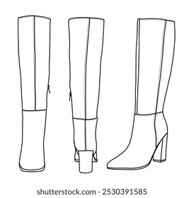 Damen Knie High Boots Seite Reißverschluss Faux Süde Comfort Boot Paare Linie Kunst, Technische Skizze Handzeichnung Umriss Vektor Doodle Illustration hinten, vorne und Seitenansicht einzeln auf weißem Hintergrund