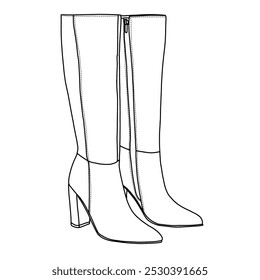 Damen Knie High Boots Seite Reißverschluss Faux Süde Comfort Boot Paare Linie Kunst, Technische Skizze Handzeichnung Umriss Vektor Doodle Illustration Seitenansicht einzeln auf weißem Hintergrund