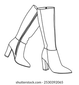 Damen Knie High Boots Seite Reißverschluss Faux Süde Comfort Boot-Paare Linie Kunst, Technische Skizze Handzeichnung Umriss Vektor Doodle Illustration zu Fuß Pose Ansicht einzeln auf weißem Hintergrund