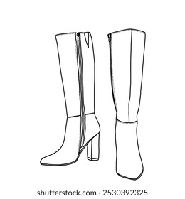 Damen Knie High Boots Seite Reißverschluss Faux Süde Comfort Boot Paare Linie Kunst, Technische Skizze Handzeichnung Umriss Vektor Doodle Illustration Vorderseite Pose Ansicht einzeln auf weißem Hintergrund