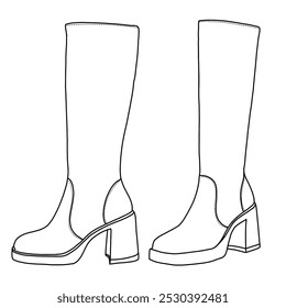 Damen Knie High Boots Seite Reißverschluss Faux Süde Comfort Boot Paare Linie Kunst, Technische Skizze Handzeichnung Umriss Vektor Doodle Illustration Heck und Seitenansicht einzeln auf weißem Hintergrund