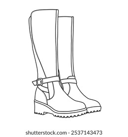 Botas altas de la rodilla de las mujeres Botas altas de la cuña Botas altas de la caída Hebillas Botas de la plataforma Zapatos Arte de la línea, bosquejo técnico dibujando a mano contorno Vector doodle ilustración lateral Vista isométrica aislada sobre fondo blanco