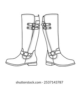 Botas altas de la rodilla de las mujeres Botas altas de la cuña Botas altas de la caída Hebillas Botas de la plataforma Zapatos Arte de línea, bosquejo técnico dibujando a mano contorno Vector doodle ilustración vista lateral aislada sobre fondo blanco