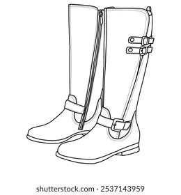 Las botas altas de la rodilla de las mujeres cuña botas altas de la caída hebillas botas de la plataforma zapatos arte de línea, bosquejo técnico dibujando a mano contorno Vector doodle ilustración lateral 3D vista aislada sobre fondo blanco