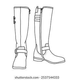 Botas altas de la rodilla de las mujeres Botas altas de la cuña Botas altas de la caída Hebillas Botas de la plataforma Zapatos Arte de línea, bosquejo técnico dibujando a mano contorno Vector doodle ilustración vista lateral aislada sobre fondo blanco