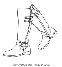 Botas altas de la rodilla de las mujeres Botas altas de la cuña Botas altas de la caída Hebillas Botas de la plataforma Zapatos Arte de la línea, bosquejo técnico dibujando a mano esbozo Vector doodle ilustración caminando pose aislada sobre fondo blanco