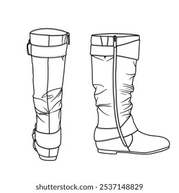 Women's Knee High Low Hidden Wedge Boots Lining Side Zipper Knee High Boots shoes Line art, Technical sketch hand drawing outline vector doodle illustration rear and side view isolated on white 