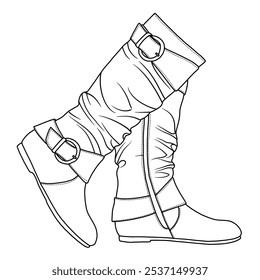 Rodilla de las mujeres Alto Bajo Oculto Cuña Botas Forro Cremallera lateral Rodilla Botas altas Calzado Arte de línea, bosquejo técnico dibujo a mano delineado Vector doodle ilustración vista lateral aislado sobre fondo blanco