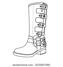 Women's Knee High Riding Boots Slip On Motorcycle  Buckles Biker Boots Line art, Technical sketch hand drawing outline vector doodle illustration side isometric 3D view isolated on white background