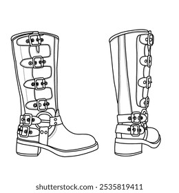 Las botas altas de la rodilla de las mujeres se deslizan en las hebillas de la motocicleta Botas del motorista Arte de la línea, bosquejo técnico dibujo a mano esbozo Vector doodle ilustración lado y vista posterior aislados sobre fondo blanco