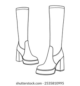 Women's Knee High Riding Combat Boots shoes Line art, Technical sketch hand drawing outline vector doodle illustration side isometric 3D view isolated on white background