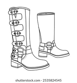 Women's Knee High Riding Slip On Motorcycle  Buckles Biker Boots Shoes Line art, Technical sketch hand drawing outline vector doodle illustration side view isolated on white background