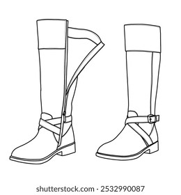 Women's Knee High Tall Riding Boots with Low Heel+Buckle Calf Boot Shoes Line art, Technical sketch hand drawing outline vector doodle illustration side 3D Isometric view isolated on white background