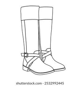 Women's Knee High Tall Riding Boots with Low Heel Buckle Calf Boot Shoes Line art, Technical sketch hand drawing outline vector doodle illustration 3D Isometric view isolated on white background