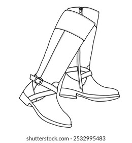 Women's Knee High Tall Riding Boots with Low Heel Buckle Calf Boot Shoes Line art, Technical sketch hand drawing outline vector doodle illustration Side view isolated on white background