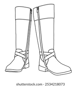 Women's Knee High Tall Riding Boots with Low Heel Buckle Calf Boot Shoes Line art, Technical sketch hand drawing outline vector doodle illustration front view isolated on white background