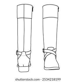 Botas de montar altas de la rodilla de las mujeres con los zapatos bajos de la bota del becerro de la hebilla del talón Arte de la línea, bosquejo técnico dibujando a mano el contorno de la ilustración del garabato del Vector vista delantera y posterior aislada en el fondo blanco